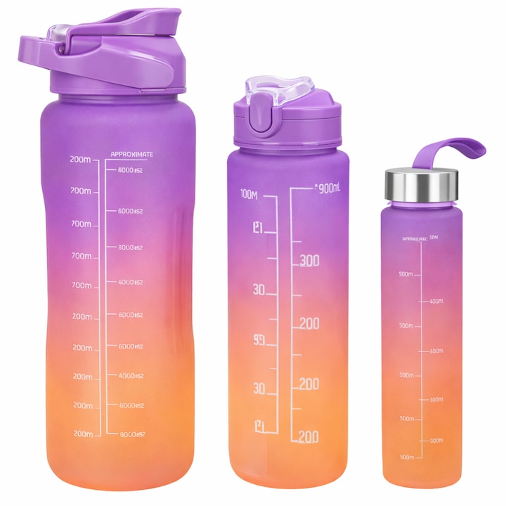 Set 3 Sticle de Apa Motivationale TENO®, 2000ml + 900ml + 300ml, Tritan fara BPA, Pai inclus, Deschidere automata, mov