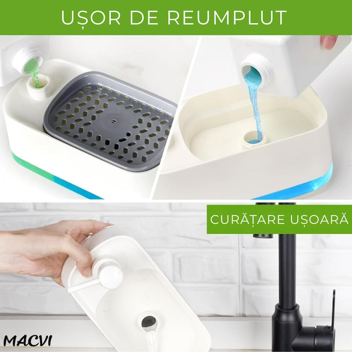 Dozator sapun Macvi® cu pompa dubla si suport burete dozator detergent vase si sapun de maini design compact pentru chiuveta