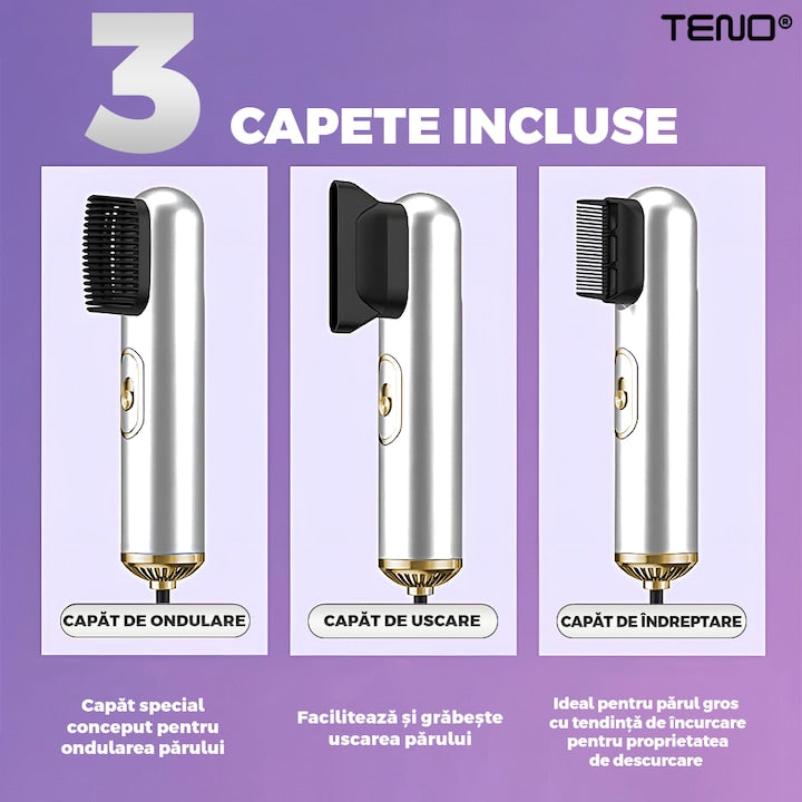 Uscator Profesional de Par 3 in 1 Teno®, aparat multifunctional coafare si uscare, 3 accesorii incluse, 1200W, alb