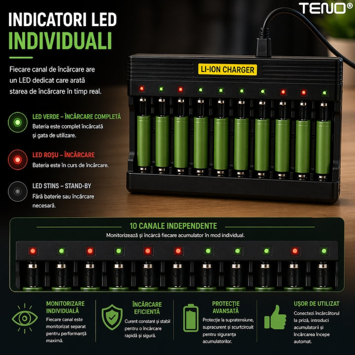 Incarcator inteligent baterii Li-Ion Teno®, 10 sloturi independente, LED individual, protectie completa, compatibil universal 3.7V
