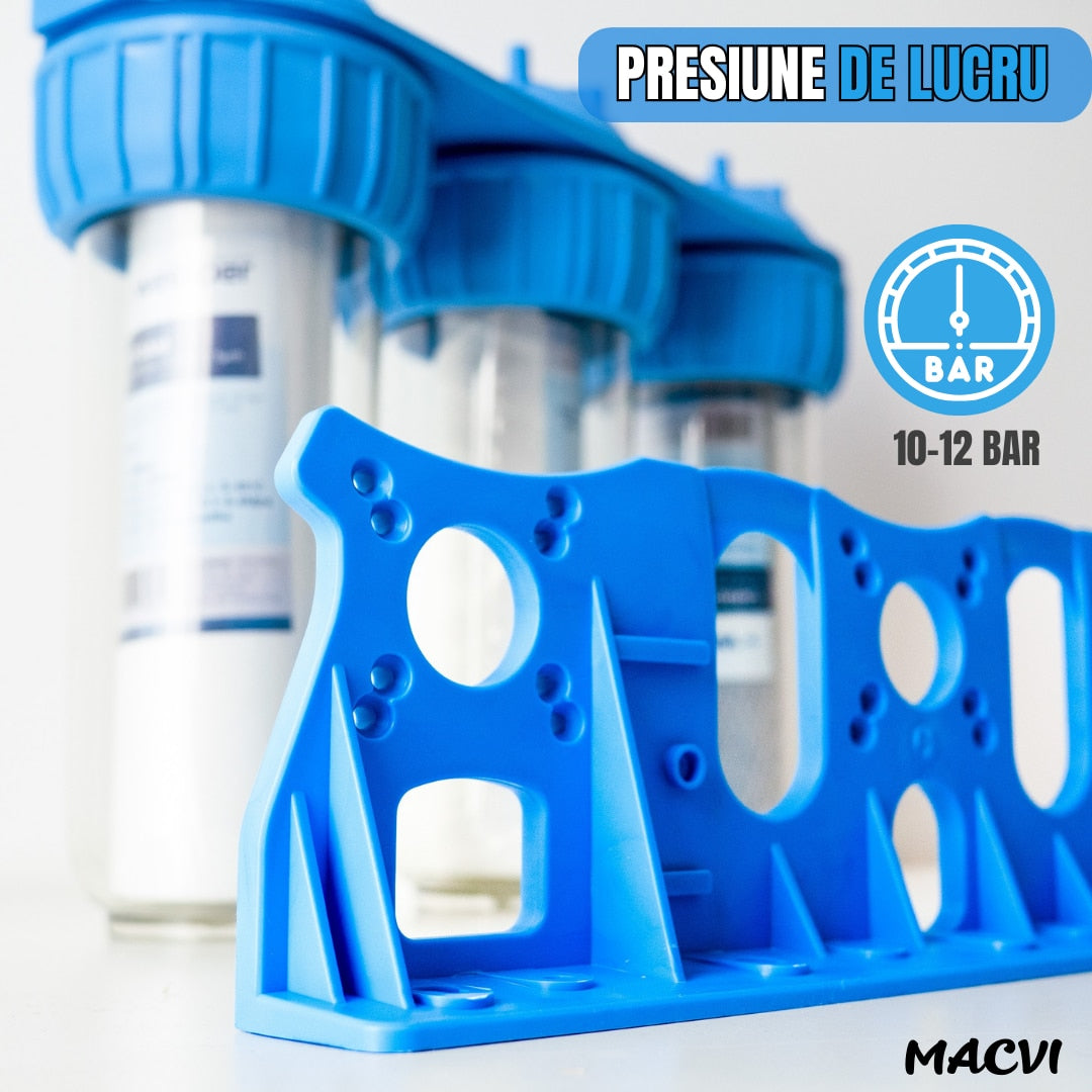 Sistem de Filtrare Apa Macvi® Triplu 3/4", 3 Trepte cu Carbone Activ, Bumbac si Sita, Microfiltrare 5 Microni, 34.5 cm, Alb/Albastru