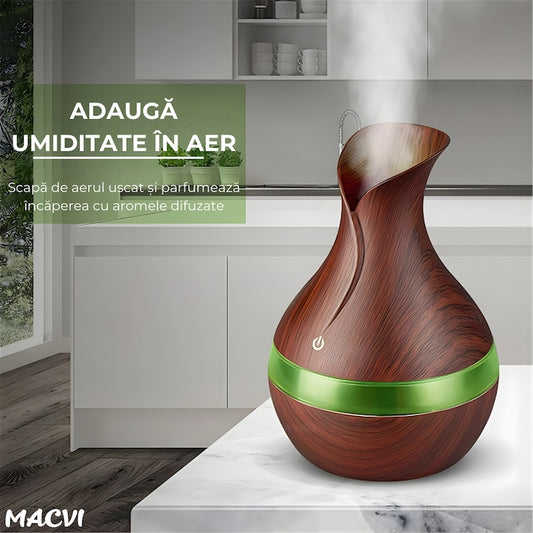Difuzor Aromaterapie Macvi® cu Umidificator, ultrasunete, forma de vaza, buton touch, maro, LED 7 culori, 130 ml