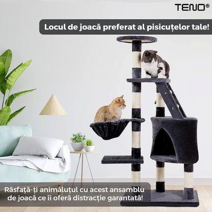 Ansamblu de Joaca pentru Pisici Teno®, tip turn, 1 platforma de observatie, 4 niveluri, 1 casuta, scara, franghie si mingiute de joaca, stalpi pentru zgariat, captuseala extra moale, structura stabila, 118 cm, gri inchis
