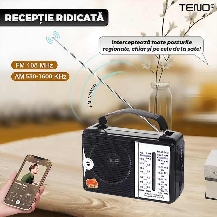 Radio Portabil Teno®, FM/AM/SW1/SW2, mod dual de alimentare, baterii/la priza, receptie ridicata ce prinde posturi regionale/la sate, negru