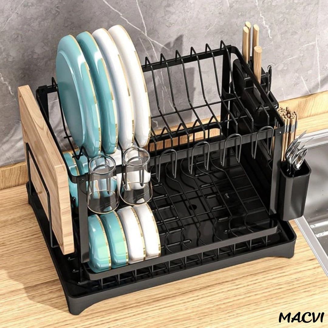 Uscator de vase supraetajat Macvi®, 2 niveluri, suport pentru tacamuri si pahare, tava scurgere, metal rezistent, 42x30x29 cm, negru