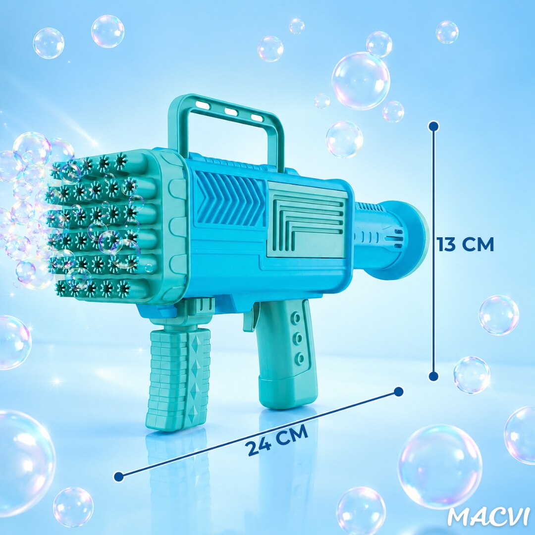 Pistol pentru facut baloane de sapun Macvi® cu 34 de gauri, distractie colorata pentru activitati in aer liber,Albastru