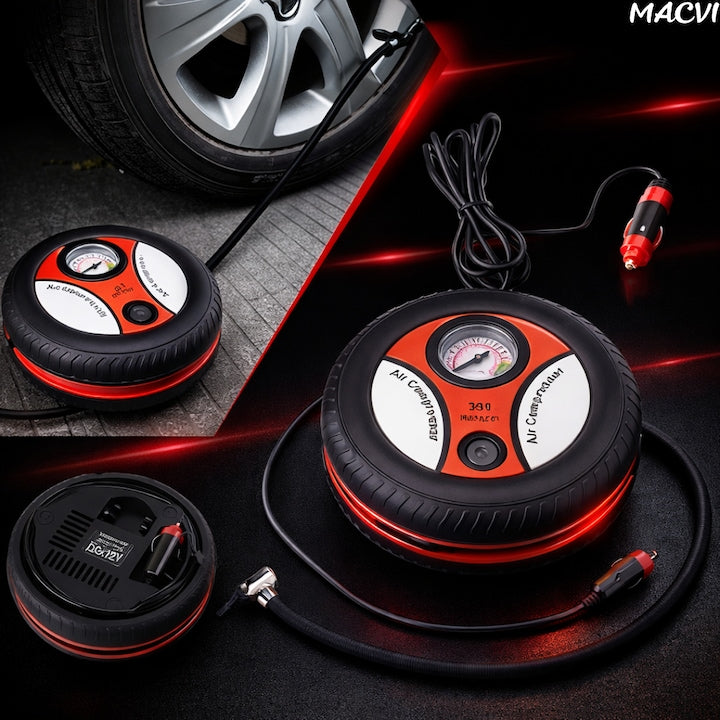 Compresor Auto Macvi® Forma Anvelopa Alimentare Bricheta 12V 260PSI 90W cu Manometru si Set Capete