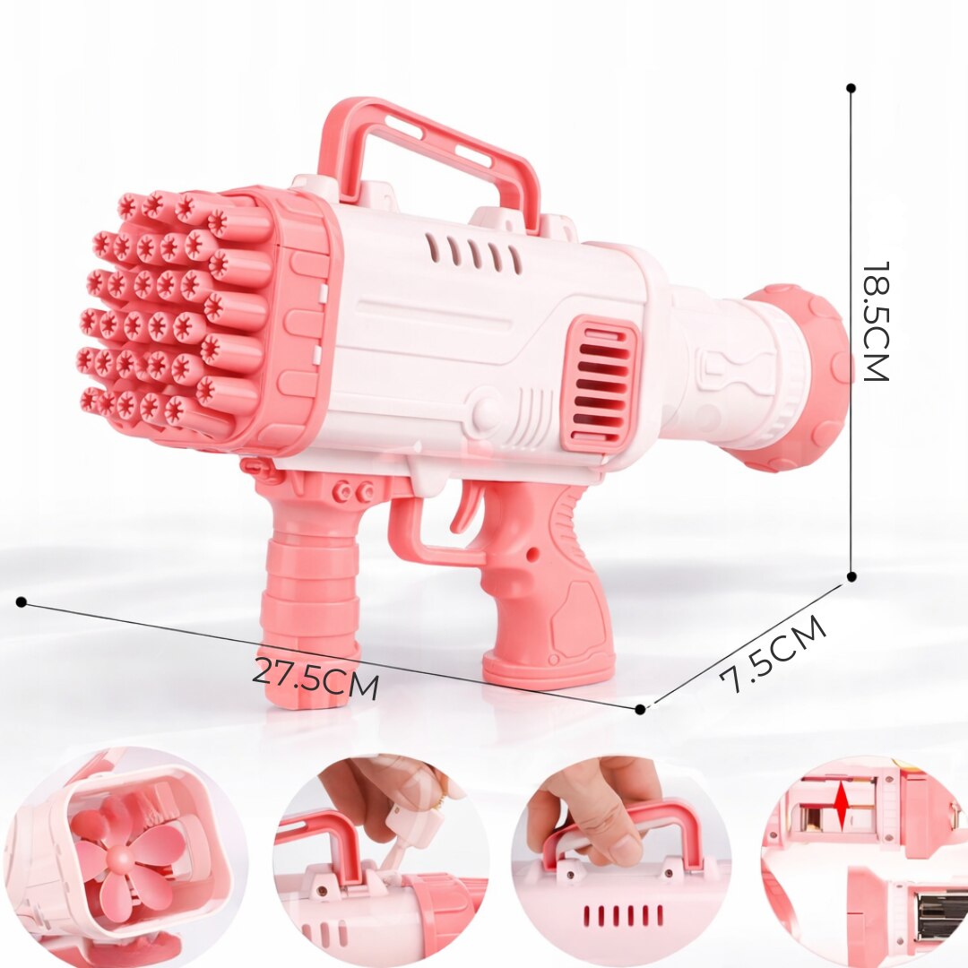 Pistol Baloane Sapun 32 Duze Macvi® tip Bubble Gun cu baterii(neincluse), Ventilator, Roz