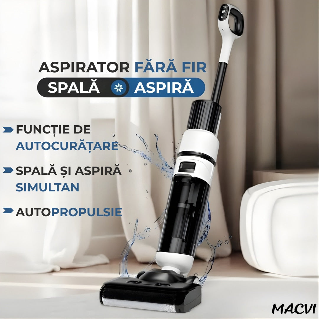 Aspirator Vertical cu Spalare Macvi® OZ01 Pro Fara Fir Autocuratare, Dezinfectare Apa, Putere 12000Pa, Autonomie 60 Min Ecran LED 2 Rezervoare