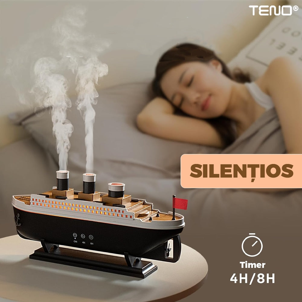 Difuzor Aromaterapie Teno®, forma de nava de croaziera, 7 culori LED, lumini dinamice, control tactil, capacitate 250ml, silentios, rezerva inclusa, umidifica aerul, negru/alb