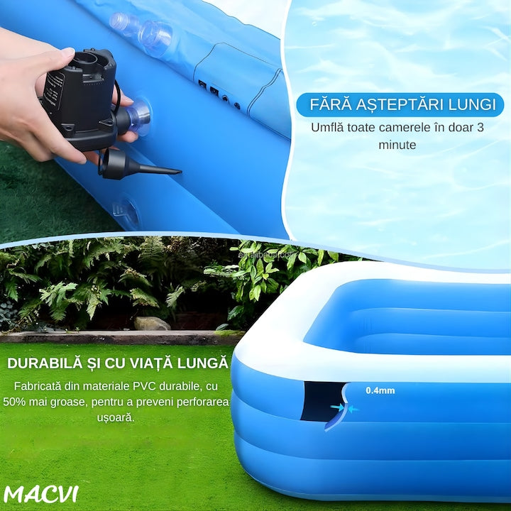 Piscina gonflabila Macvi® din PVC rezistent, 150×105×50 cm, 1-3 persoane, pereti grosi, design confortabil pentru gradina si curte