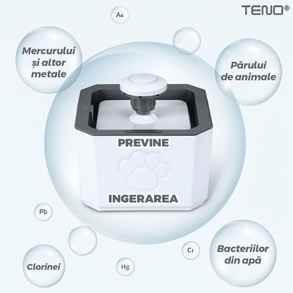 Dispenser de Apa Tip Fantana Teno®, ultra-silentios, pentru caini si pisici, filtru de carbon inclus, usor de utilizat, elimina bacteriile din apa, alimentare USB, desgin modern, alb