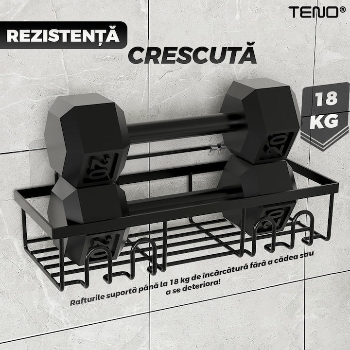 Set 2 Rafturi pentru Dus Teno®, depozitare si organizare, baie/bucatarie, otel inoxidabil, montare adeziva, rezistenta ridicata, cuiere incorporate, suporturi inalte, negru