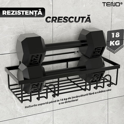 Set 2 Rafturi pentru Dus Teno®, depozitare si organizare, baie/bucatarie, otel inoxidabil, montare adeziva, rezistenta ridicata, cuiere incorporate, suporturi inalte, negru