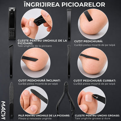 Set manichiura pedichiura Macvi® 15 piese din inox cu husa din piele ecologica si interior de velur sintetic rosu pentru ingrijirea completa a unghiilor