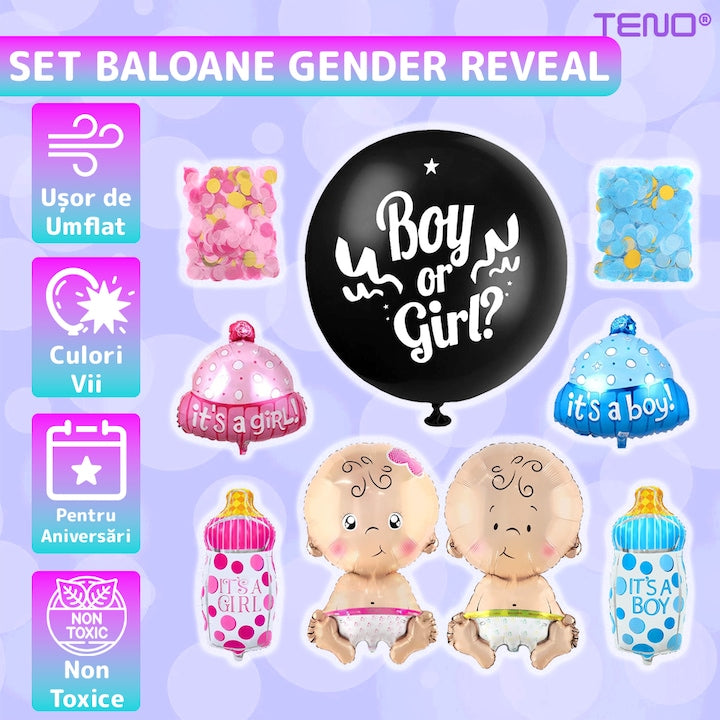 Set 7 Baloane Teno®, pentru Petreceri/Evenimente, bebe, biberon, caciulita, confetti, model GENDER REVEAL, multicolor