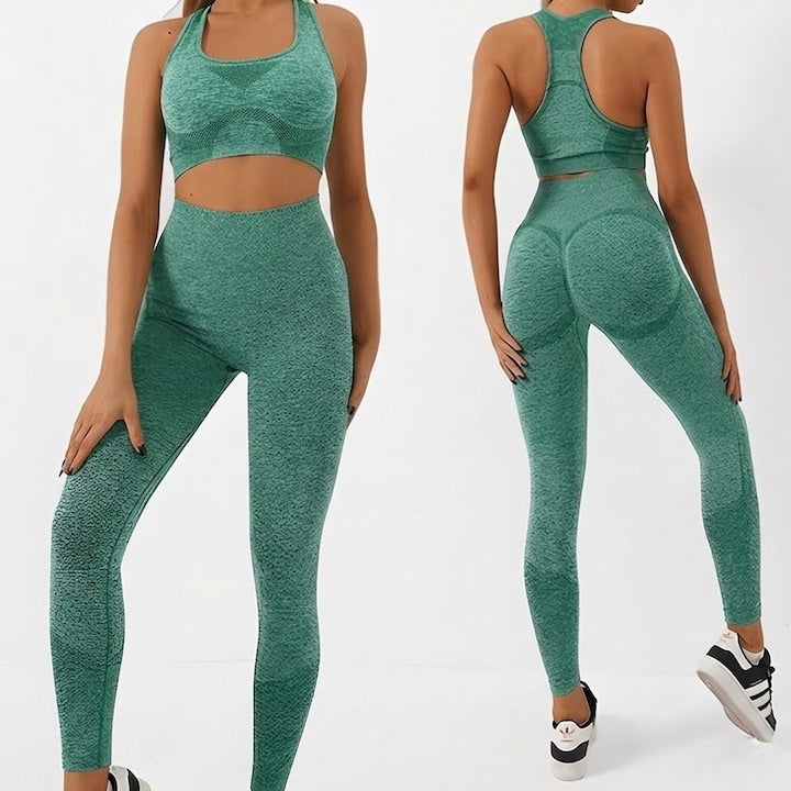 Set Costum Fitness din 2 Piese Teno®, colanti si bustiera, material respirabil, uscare rapida, elasticitate ridicata, one-size, verde