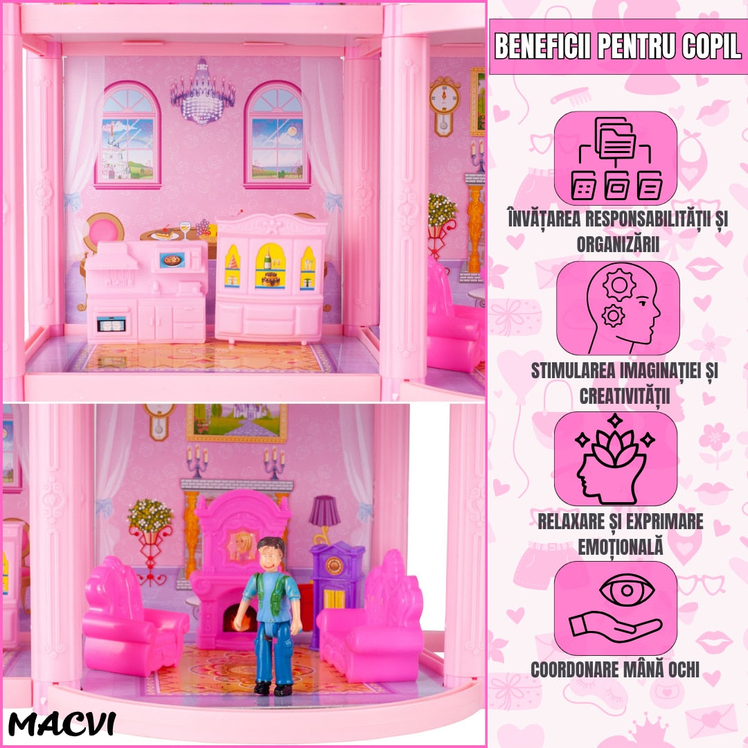 Casuta pentru papusi Macvi® Lovely House, 2 etaje, 5 camere, garaj cu masina, 2 figurine incluse, set 112 piese