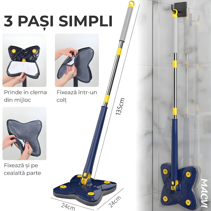 Mop cu Cap Stea Macvi® 360° Telescopic Curatare Usoara, 2 lavete Microfibra, Lungime 123 cm, Albastru/Galben