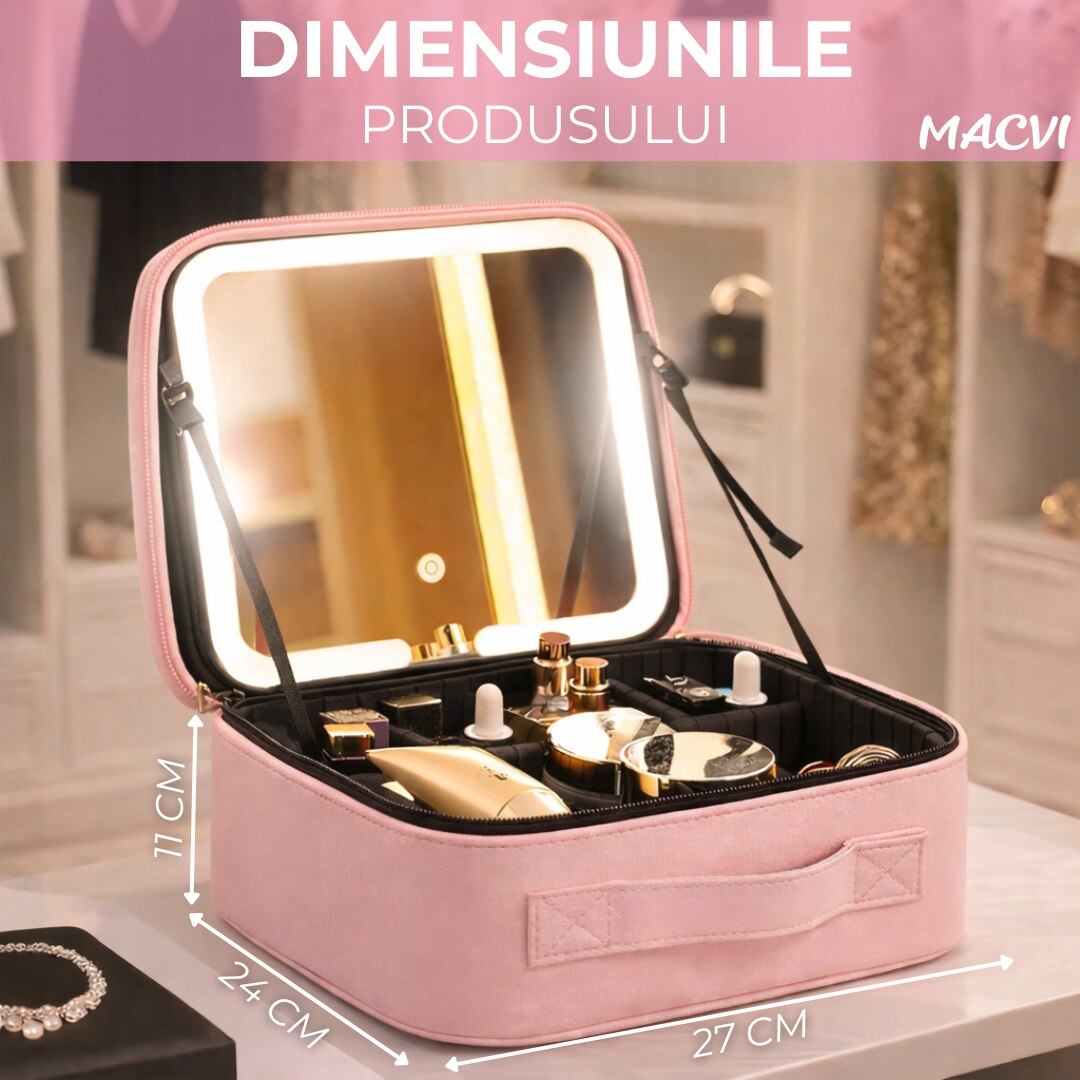 Organizator Machiaj cu Oglinda LED Macvi® 2000mAh, 3 Temperaturi Lumina, 76 LED, Compartimente Reglabile Rotire 360°, Incarcare USB, Geanta Cosmetice Impermeabila, Roz, 27x24x11 cm