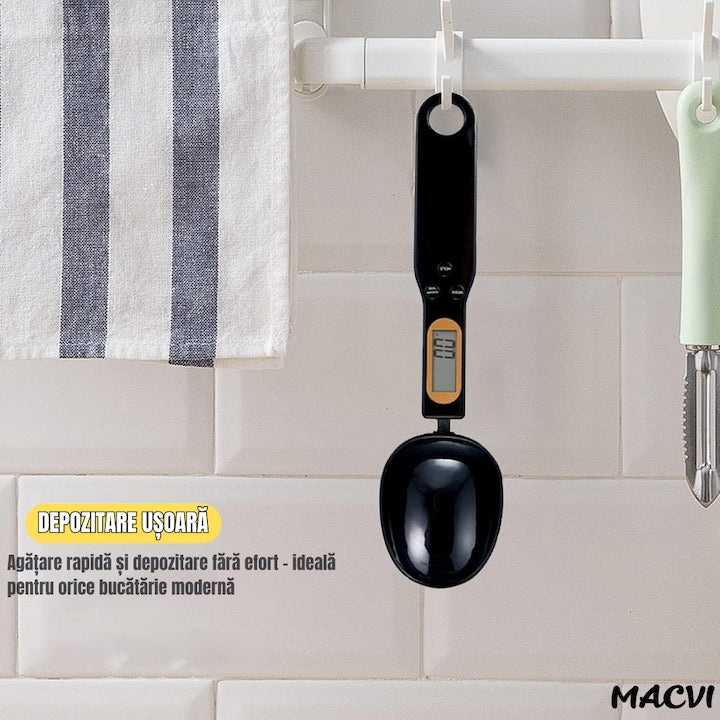 Lingurita de masurat digitala Macvi®, capacitate 500 g, precizie 0.1 g, cu afisaj LCD, pentru ingrediente solide si lichide, Negru