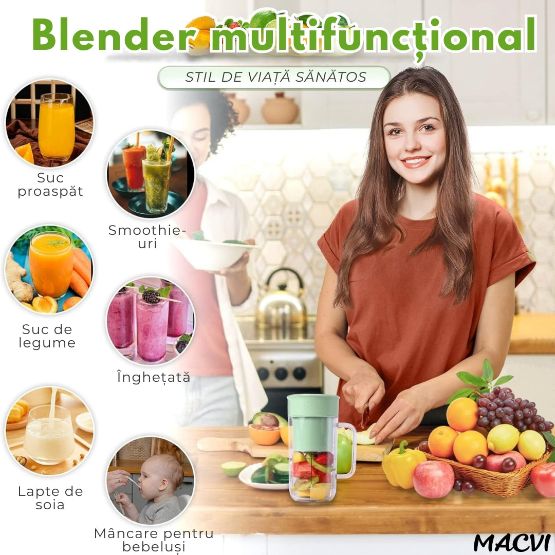 Storcator De Citrice Macvi® Portabil din Plastic cu Acumulator, Blender Reincarcabil USB, 6 Lame din Otel Inoxidabil, BPA Free, Anti-scurgere, Capac cu Pai, Capacitate 420 ml, Smoothie-uri si Sucuri