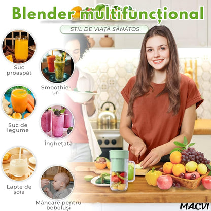 Storcator De Citrice Macvi® Portabil din Plastic cu Acumulator, Blender Reincarcabil USB, 6 Lame din Otel Inoxidabil, BPA Free, Anti-scurgere, Capac cu Pai, Capacitate 420 ml, Smoothie-uri si Sucuri