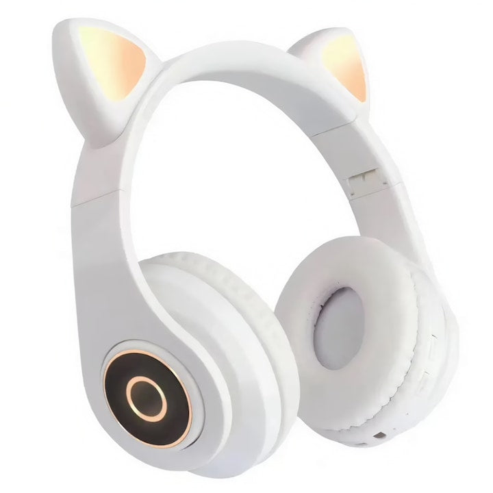 Casti Wireless Model Pisica Teno®, B39, overear, urechi de pisica cu iluminare RGB, bluetooth 5.0, handsfree, HiFi, bass stereo, alb