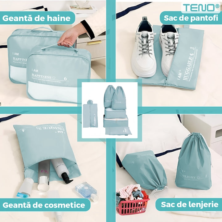 Set 6 Organizatoare Teno®, pentru calatorie, diferite marimi, bagaj de voiaj, valiza, troler, genti, haine, accesorii, inchidere cu fermoar dublu, plasa, turcoaz