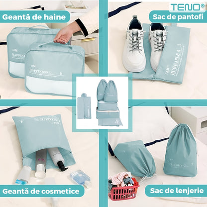 Set 6 Organizatoare Teno®, pentru calatorie, diferite marimi, bagaj de voiaj, valiza, troler, genti, haine, accesorii, inchidere cu fermoar dublu, plasa, turcoaz