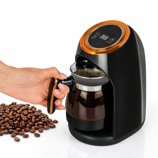 Cafetiera Electrica Macvi® Tip Ibric pentru Cafea Turceasca, 600W, 0, 3L, Display LCD, Negru/Auriu, Multifunctionala