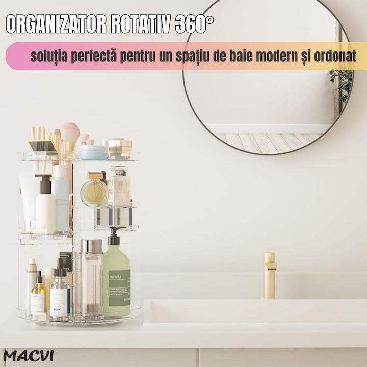 Organizator Cosmetice Rotativ Macvi® 360°, Design Reglabil, 9 Compartimente Spatioase, Montare Rapida, Ideal pentru Machiaj si Produse de Ingrijire