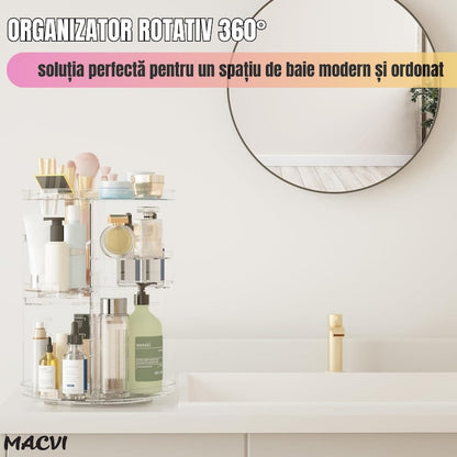 Organizator Cosmetice Rotativ Macvi® 360°, Design Reglabil, 9 Compartimente Spatioase, Montare Rapida, Ideal pentru Machiaj si Produse de Ingrijire