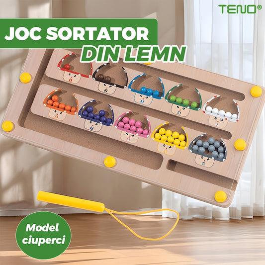 Joc Sortator din Lemn Teno®, model ciupercute, magnetic, pix incorporat, culori diverse, materiale sigure, dezvolta abilitatile cognitive, coordonarea mana-ochi, inteligenta, multicolor