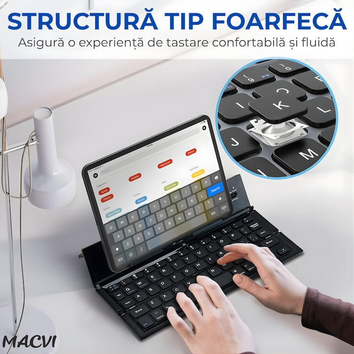 Tastatura Bluetooth pliabila Macvi® wireless, compacta, touchpad integrat, compatibila tableta si laptop, negru