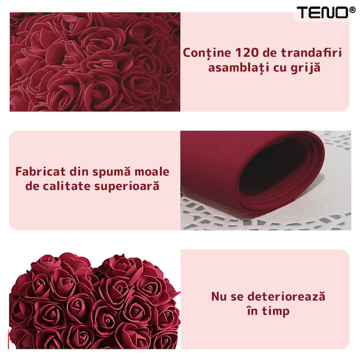 Inimioara din Trandafiri de Spuma Teno®, floral burgundy, handmade, cutie transparenta, eleganta si naturala, nemuritoare, 17 cm
