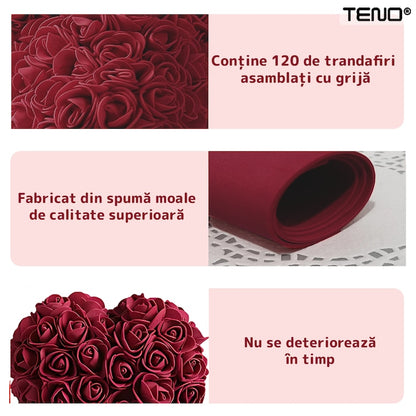 Inimioara din Trandafiri de Spuma Teno®, floral burgundy, handmade, cutie transparenta, eleganta si naturala, nemuritoare, 17 cm