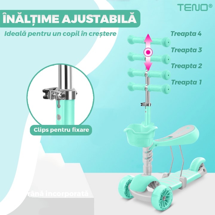 Trotineta pentru Copii 2 in 1 Teno®, scaunel incorporat, lumini,3 roti, cosulet frontal, anti-aluncare, inaltime ajustabila, stabila, frana, incorporata, 3-11 ani, turcoaz