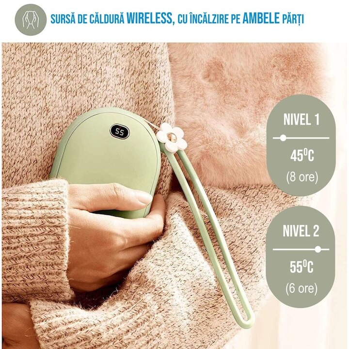 Incalzitor de maini Macvi® 2 in 1, Powerbank 10000mAh, USB, 2 trepte incalzire 45°/55°, compact si portabil, verde