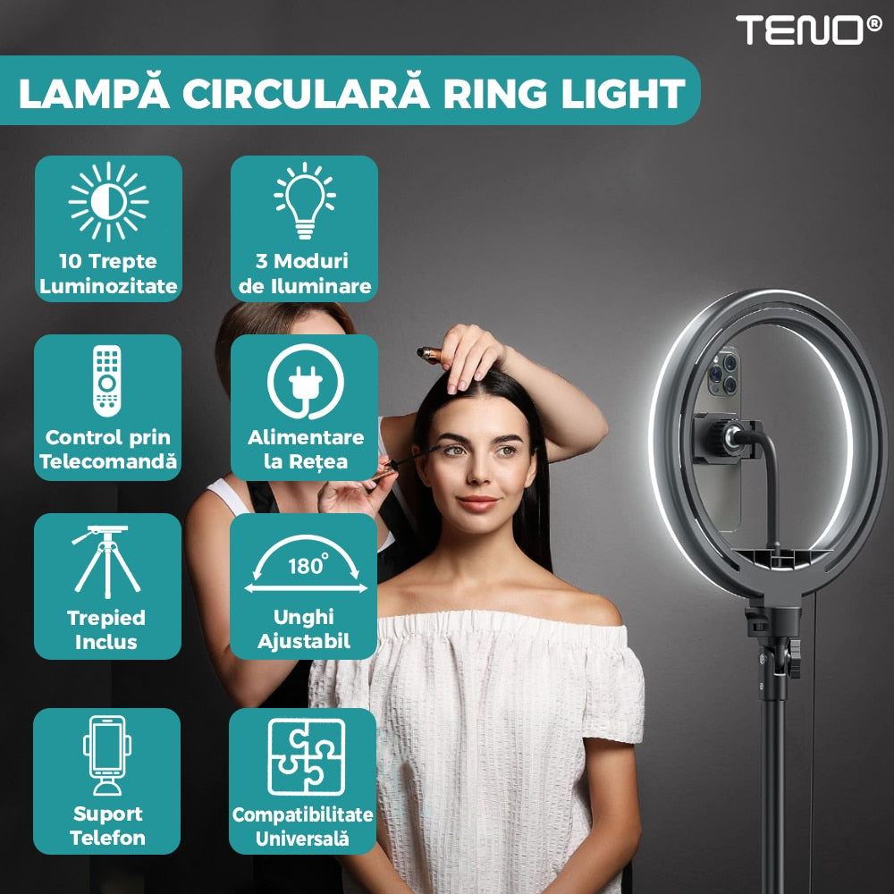 Lampa Circulara Ring Light Teno®, Diametru 56cm/22 Inch, 3 moduri de lumina, 10 trepte reglaj, telecomanda si trepied 210 cm incluse, suport triplu telefon, compatibilitate universala, alb