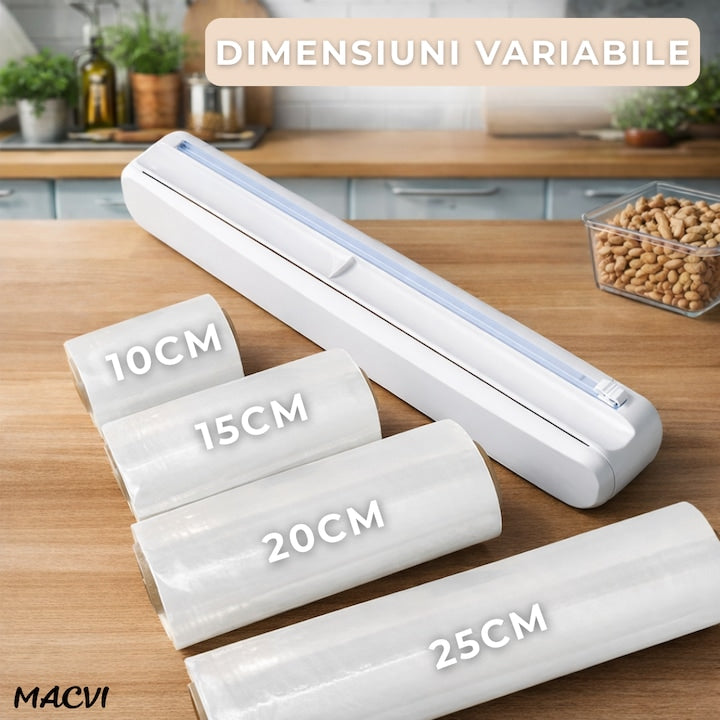 Dispenser folie alimentara, Macvi, 37cm, 12 ventuze antialunecare, alb