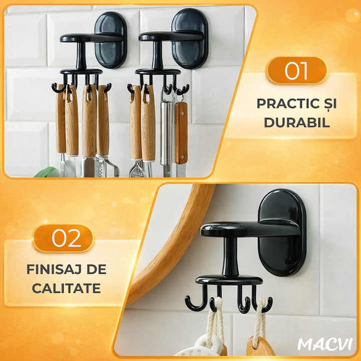 Suport Rotativ Macvi® pentru Ustensile de Bucatarie, 360° Reglabil, Negru, 14.5 cm x 6.5 cm x 10.5 cm, Rezistent