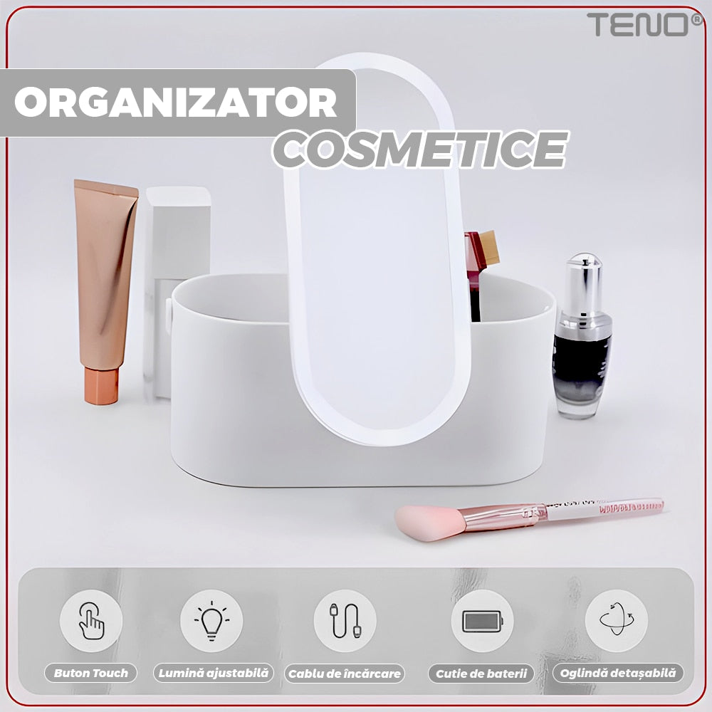Oglinda Cosmetica Multifunctionala Teno®, portabila, lumina LED, spatiu depozitare pentru cosmetice, buton Touch-Screen, lumina dimabila, 23 x 10 x 11.5 cm, alb
