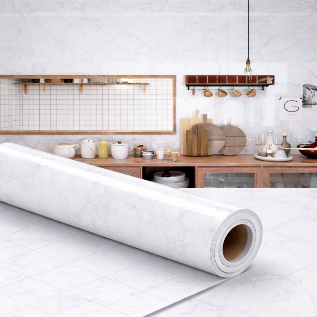 Folie Autoadeziva Gri marmorat Macvi® Rezistenta la Caldura 10 m x 60 cm, Impermeabila si Anti-Ulei, Tip Rola, Pentru Bucatarie si Mobilier, Finisaj Lucios