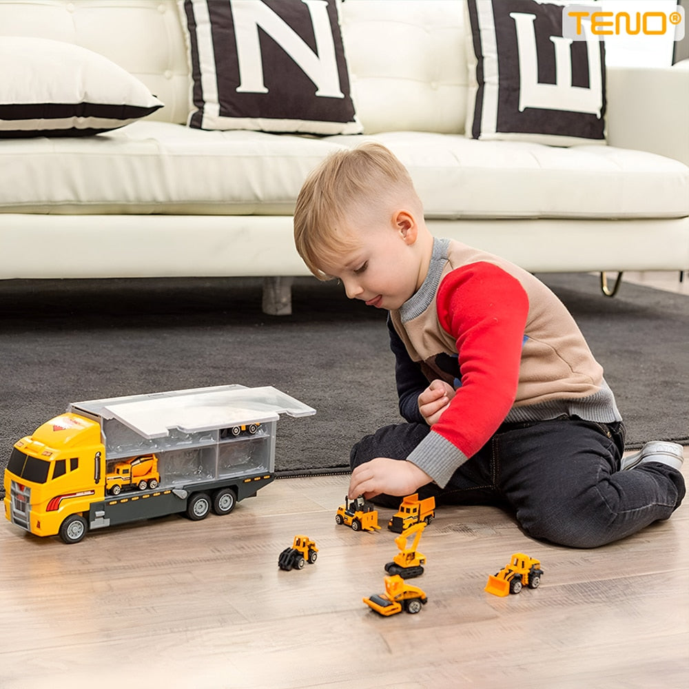 Set Camion Trailer de Jucarie pentru Transport Teno®, seria utilaje de constructie, 6 masinute incluse, bulldozer, utilaje, tir, accesorii mobile, lansator si rampa frontala, platforma tractare, galben