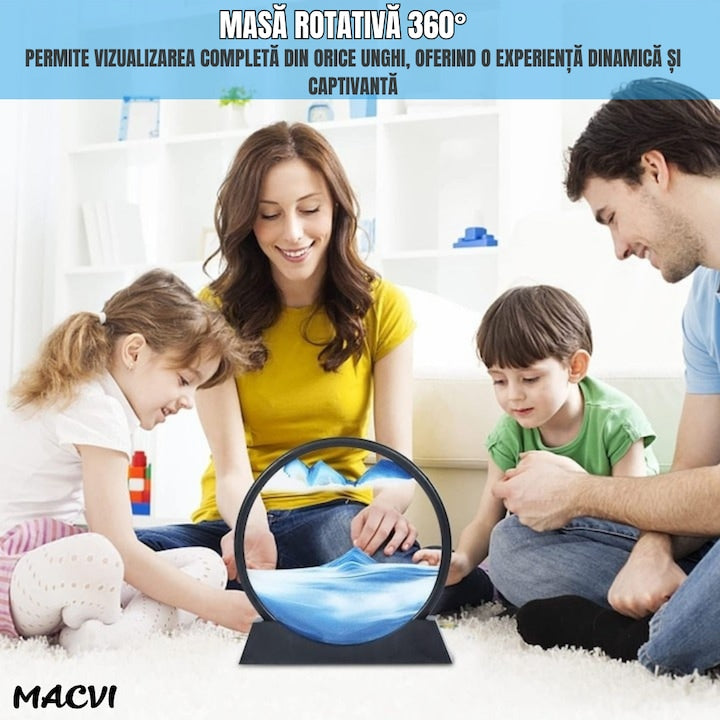 Obiect decorativ Macvi® cu efect 3D din nisip, masa rotativa 360°, baza din plastic, sticla si nisip, 18x19 cm, Albastru