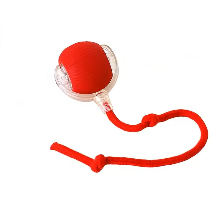 Jucarie interactiva electrica pentru caini si pisici PAPLIX - Minge cu autodeplasare, model dungat si coada cu franghie distractiva, Rosu