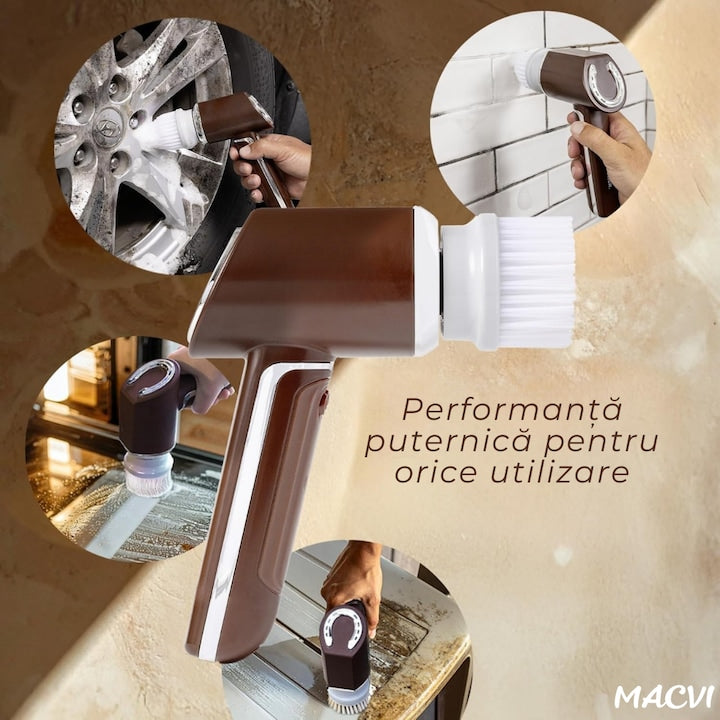 Perie electrica de curatare MACVI, fara fir, 350 RPM, set cu 5 capete interschimbabile, pentru bucatarie si baie