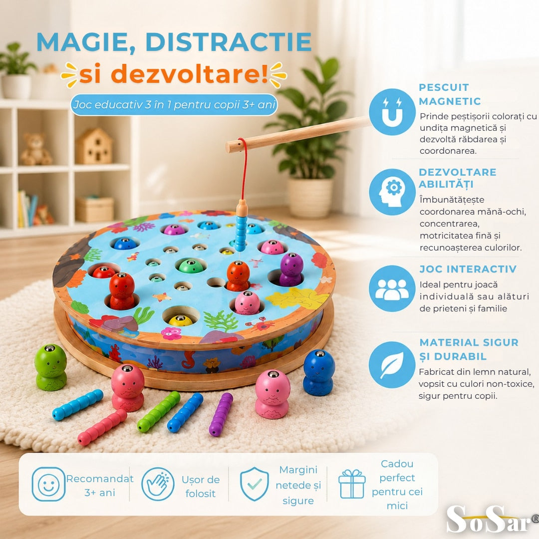 Joc Educativ din Lemn Sosar® 3 in 1 Pescuit Magnetic Sah si Sortare Culori Dezvolta Coordonarea Mana Ochi Abilitatile Cognitive si Motricitatea Fina