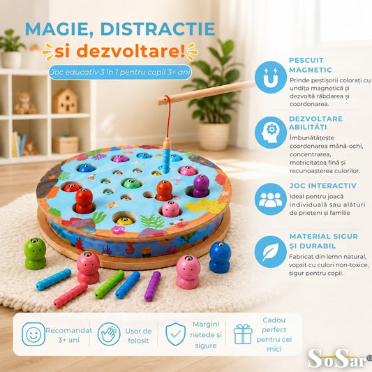 Joc Educativ din Lemn Sosar® 3 in 1 Pescuit Magnetic Sah si Sortare Culori Dezvolta Coordonarea Mana Ochi Abilitatile Cognitive si Motricitatea Fina